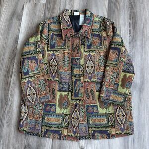 Vintage Tapestry Jacket Women's 18/20 Green Orange Bird Elephant India Beaded
